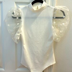 TCEC white body suit (boutique) size small, fluffy sleeves